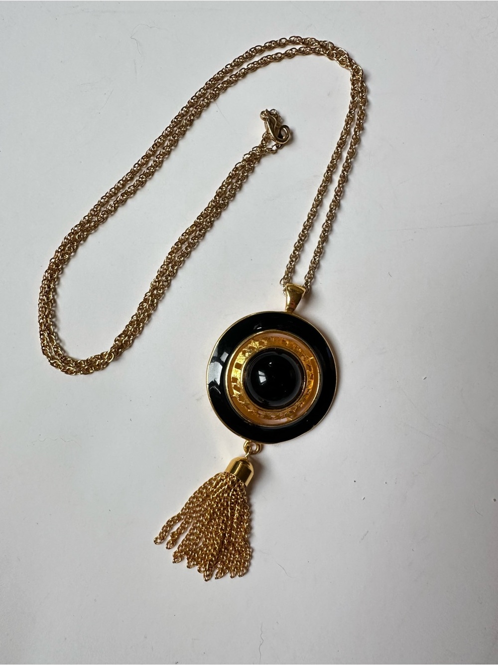 Vintage Lady Remington Gold and Black Tassel Pendant Necklace